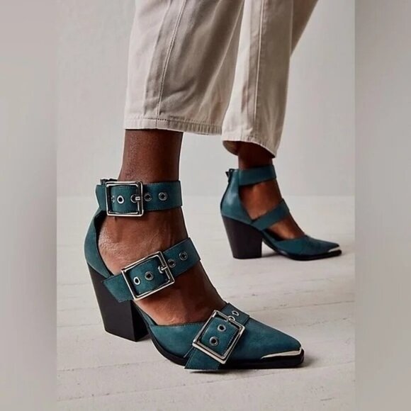 Free People X Jeffrey Campbell Hendrix Heels Buckles Leather US 8 Green Blue New